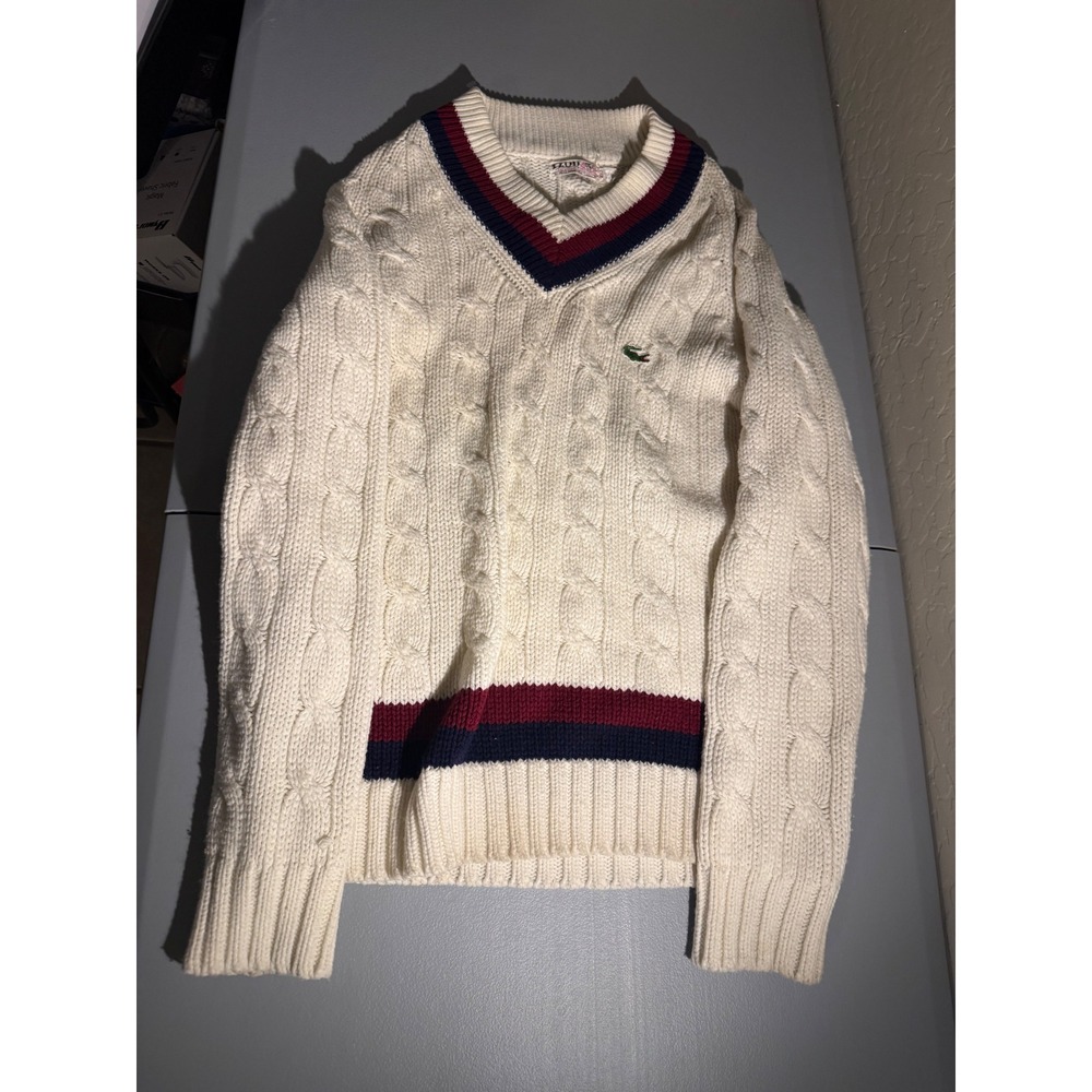 Vintage 90s Izod Lacoste Mens XL Cable Knit V-Neck Sweater Cream Striped Preppy